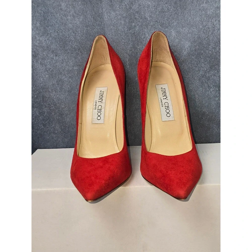 Jimmy‎ Choo Anouk Pumps Red Suede Pointed Toe Stiletto Heels SZ 38 / US 8